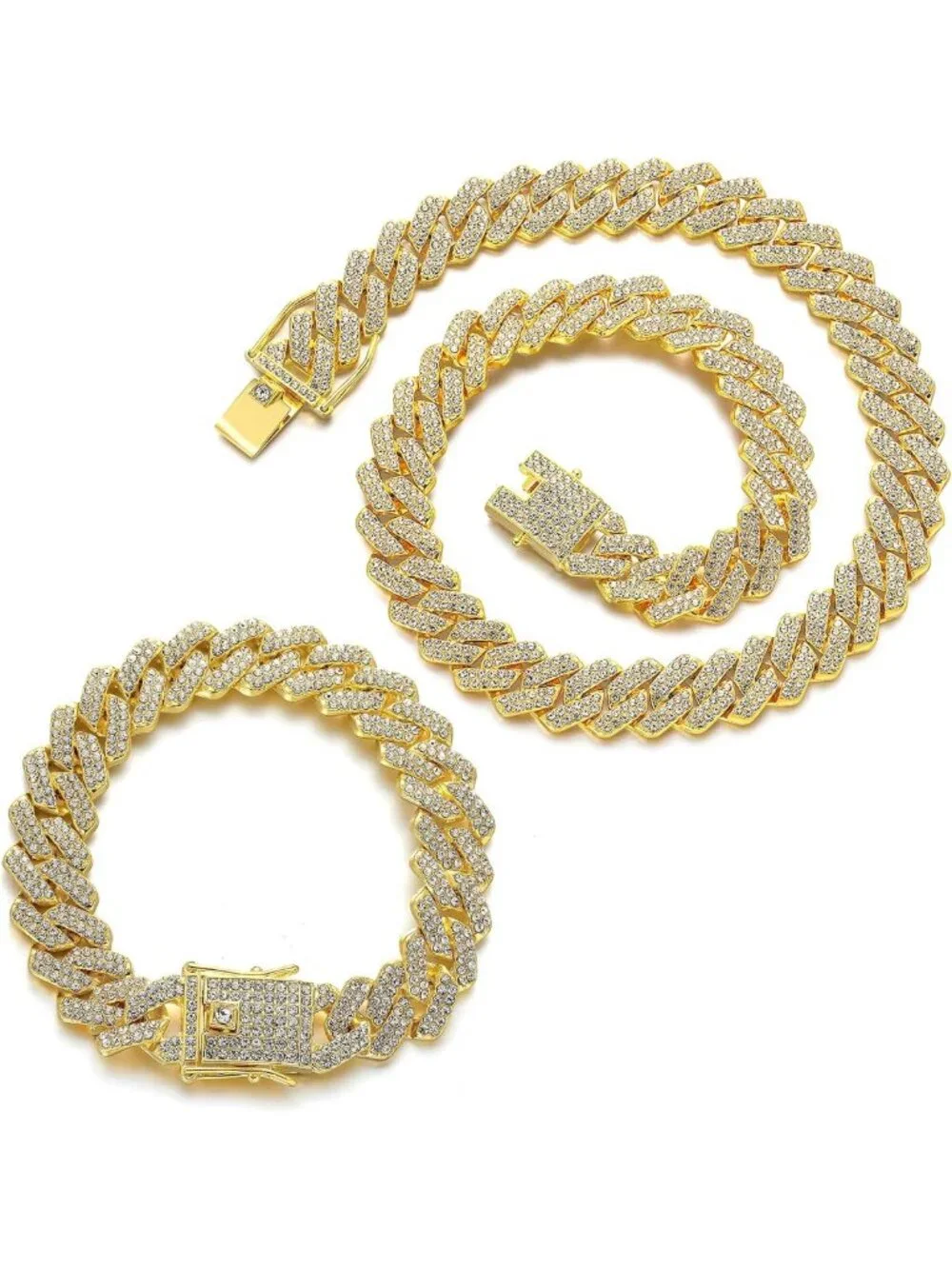 Iced Out Cuban Link Chain Set - Silver Necklace & Bracelet, Hip Hop Bling